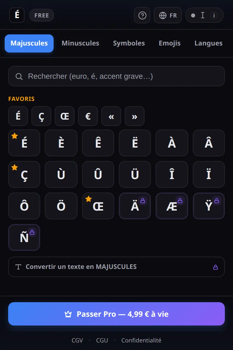 La popup Copier Accent ouverte : accents majuscules, recherche et favoris