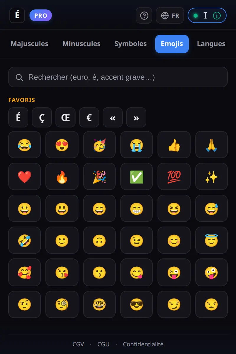 Onglet emojis de la version Pro